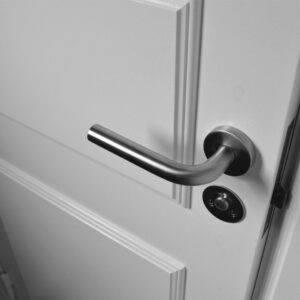 Closeup of door handle on white door