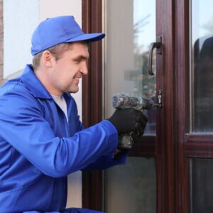 a repairman working on a commercial door
