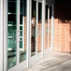 Row of glass and metal doors