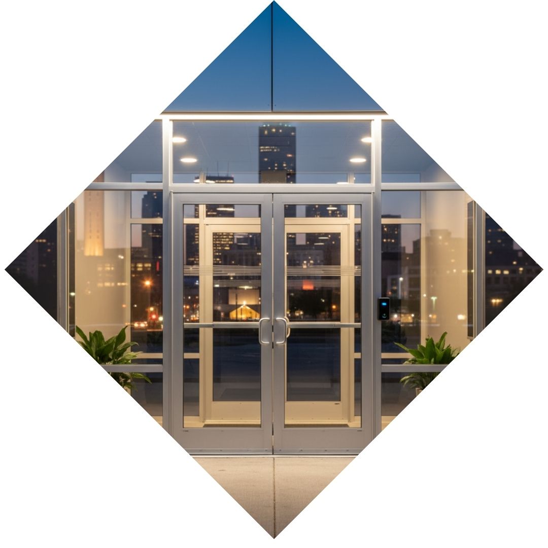 secure, modern aluminum storefront glass door of a commercial building at dusk.