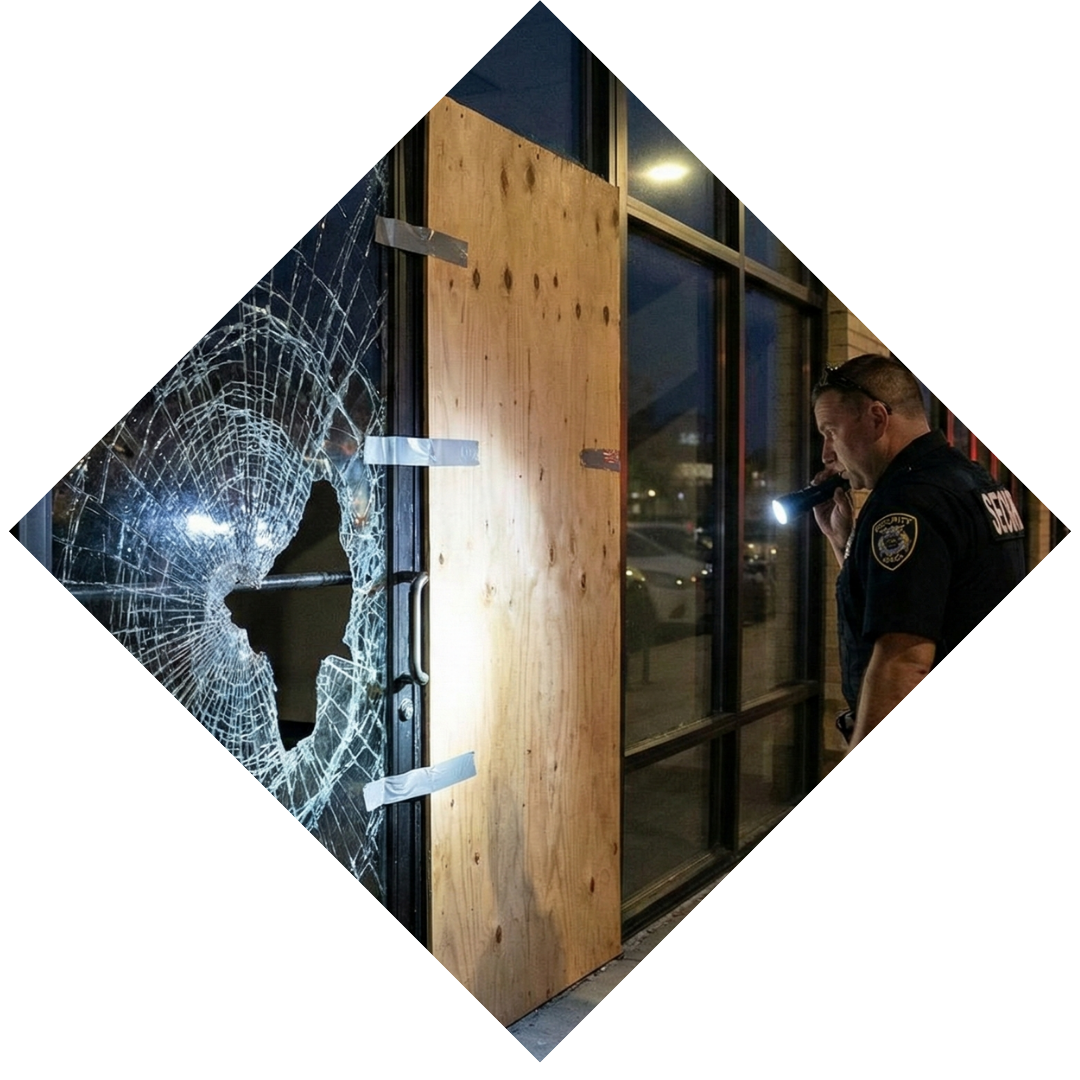 Smashed glass storefront door at night with a security professional inspecting the damage for emergency board-up and repair.