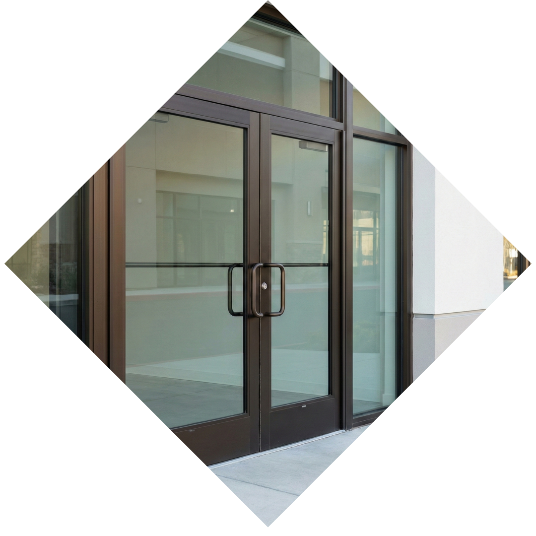 Modern, newly installed aluminum and glass double storefront doors on a commercial building entrance.