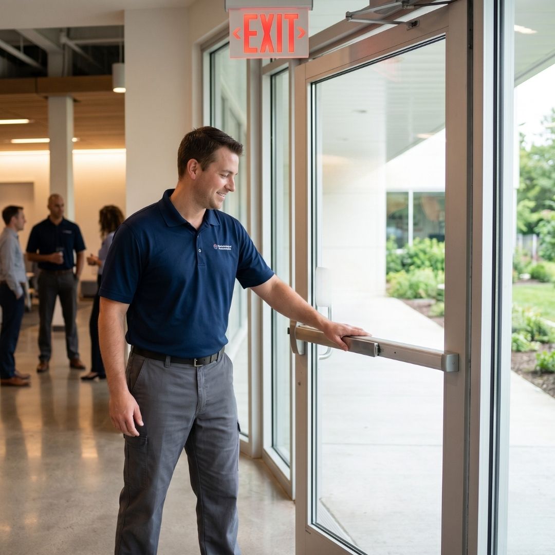 an employee opening an exit door