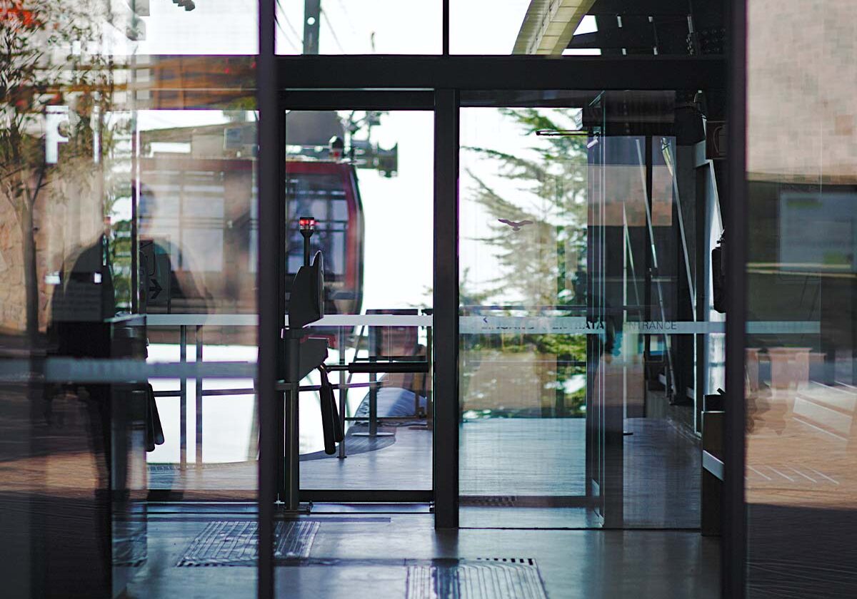 View of a commercial entrance from inside the building